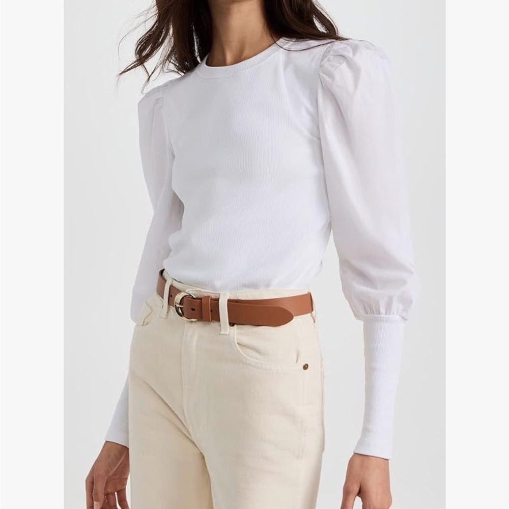 Veronica Beard White Puff-Sleeve Ribbed Long Sleeve Top
